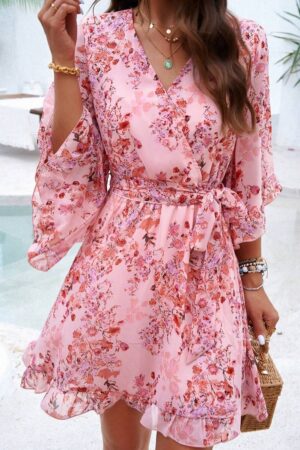 PoPoHouse Women's Summer Dress Breathable Comfortable And Lightweight With Printed Ruffled Flared Sleeves And A Waistband Design Suitable For Daily Commuting Wear On Vacation Elegant And Fashionable Dress, Sprin/Summer Dresses For Women, Beach Vacation Dress