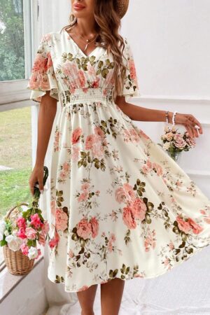 Breezaya Floral Print Women's Spring And Summer Dress - V-Neck Wrap Design, Waist-Gathered Slimming Midi Skirt, Romantic And Elegant Vacation Style Dress