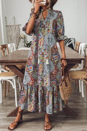 LanaWest Women's Bohemian Style Printed Mid-Sleeve Dress,Ladies Boho Fringe,Ruffle Hem Half Sleeve Tie Neck Loose Long Multicolor Flounce Sleeve All Over Print,Paisley Smock Women Long Dresses,Spring/Fall,Casual Daily Wear Maxi Women Outfit