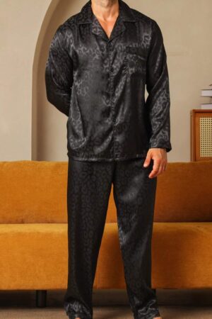 Two Pieces Sets Men's Pajamas Autumn And Winter Long Sleeved Top & Pants Silk Satin Leopard Print Plus Size Loose Sleepwear Home Suit Set, Fall Clothes