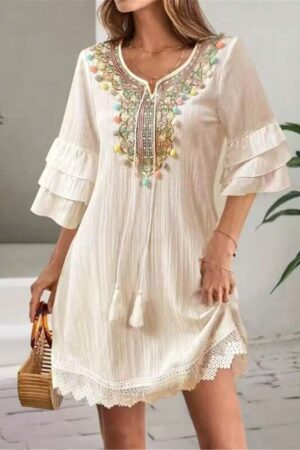Women's Embroidered V-Neck Dress With Colorful Tassel Details, Ruffle Trim 3/4 Sleeves, Tassel Decor Holiday Beach Dress