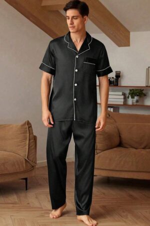 Plus Size Men's Summer Pajama Set - Casual V-Neck Short Sleeve Button-Up Top And Long Pants, Breathable Polyester, Machine Washable, Plus Size