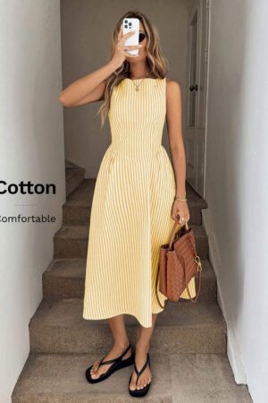 Easowa Round Neck Sleeveless Cinched Waist Ruched A-Line Midi Dress, Striped Cotton Fabric, Casual Resort Elegant Streetwear For Women Business Casual Woman