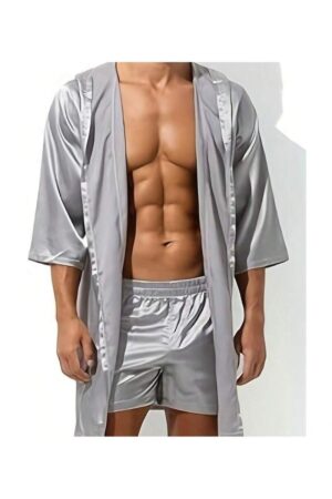 Local Shipping- Summer Loungewear | Simple Casual Robe | Silky Texture Shorts,Men's Ice Sliky Fiber Fabric Two-Piece Hooded Robe Basic Long Robe + Shorts,