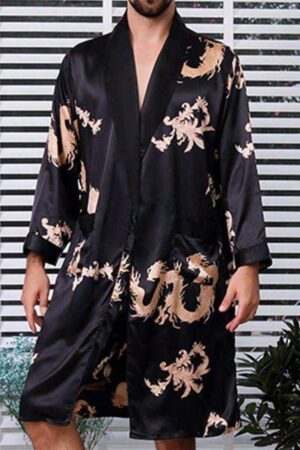 SANOPY Large Size Men's Long Dragon Robe Summer Ice Silk Home Clothes Mulberry Silk Long-Sleeved Robe (Without Shorts)
