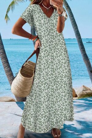 Spring/Summer Popular Lightweight Elegant Ditsy Floral V-Neck Long Dress, Versatile Slim Fit Vacation/Office/Travel Casual Fashion Dress For Women