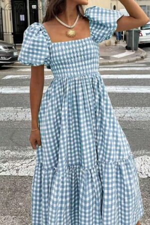 2026 Spring & Summer Women's Plaid Elegant Bohemian Casual Dress With Waist Cinching, Puff Sleeves, Ruffle Hem, Blue & White, Suitable For Concerts, Street Style, Valentine's Day, Women's Dresses
