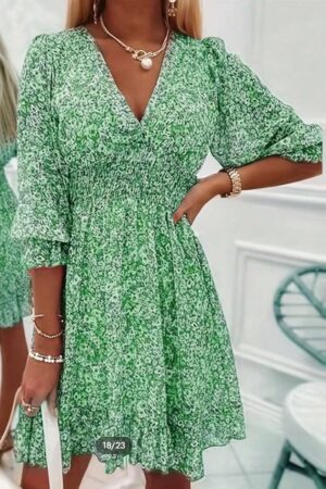 Boho Chiffon Short A-Line Dress For Women With All-Over Floral Print V-Neck Long Flare Sleeves Shirred And Ruffle Hem