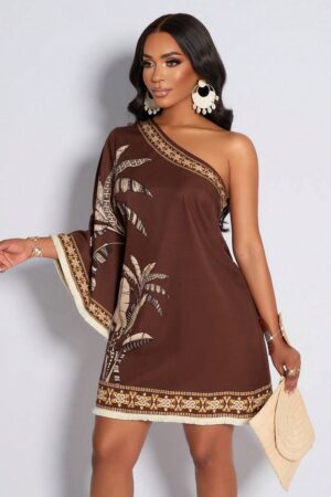 AIJ Amarilo Women's Tropical Rainforest Print Tassel Hem Casual Dress, Suitable For Daily Commute And Vacation Wear, New Spring/Summer Floral Print Dress