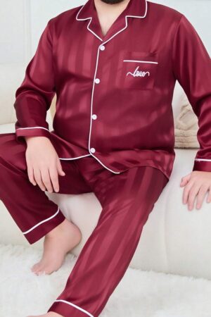 2pcs Men's Silk Striped Sleepwear Set, Long Sleeve, Minimalist, Plus Size, All Season