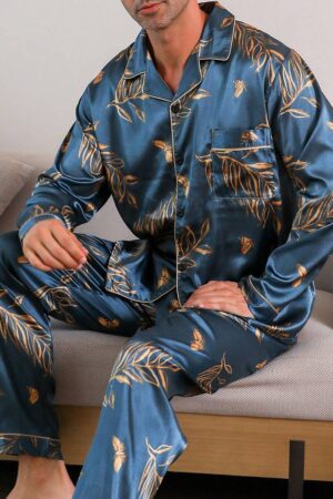 2pcs/Set Men's Floral Print Pajama Set, Long Sleeve Shirt & Long Pants, Loose Fit Sleepwear, Suitable For Spring, Summer, Autumn & Winter