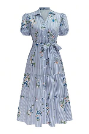 Women's Striped Floral Print Belted Button Down Midi Dress With Collar And Short Puff Sleeves
