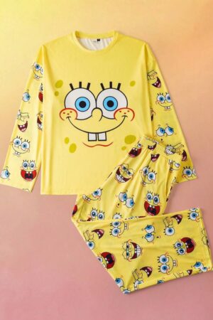 SpongeBob SquarePants | SHEIN Plus Size Men Cartoon Pattern Crew Neck Long Sleeve T-Shirt And Pants Pajama Set, Comfortable For Autumn