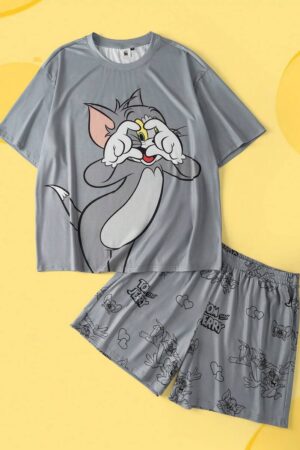 TOM & JERRY X SHEIN Plus Size Men's Casual Cat Print Short Sleeve T-Shirt And Shorts Pajama Set, Summer